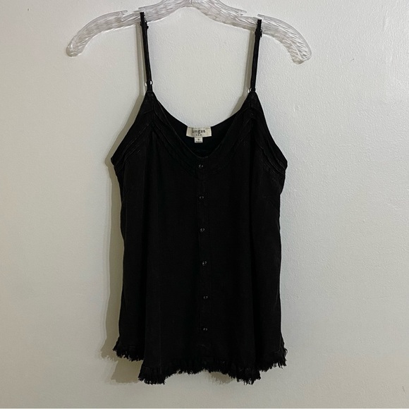 Umgee Black Acid Wash Linen Tank Top Blouse Spagetti Strap, Frayed Edge Small - Picture 1 of 7